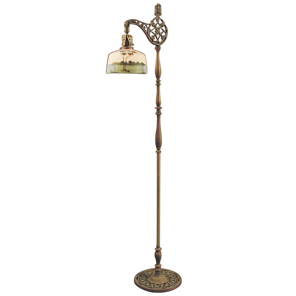 Brass Bridge Floor Lamp with Hand-Painted Scenic Glass Shade