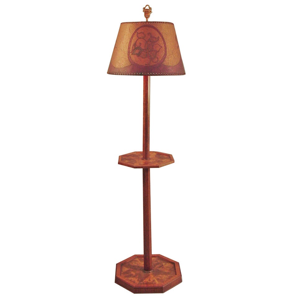 French Art Deco Exotic Veneer Floor Lamp with Table For Sale