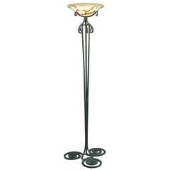 A Superior French Art Deco Wrought Iron and Alabaster Torchiere/Floor Lamp