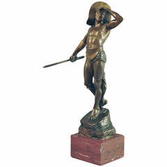 19th Century Bronze Figure of a Gladiator on a Marble Plinth