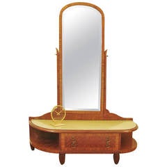 Antique French Art Deco Vanity with Exotic Hardwood Veneers, Beveled Mirror, Silk Top