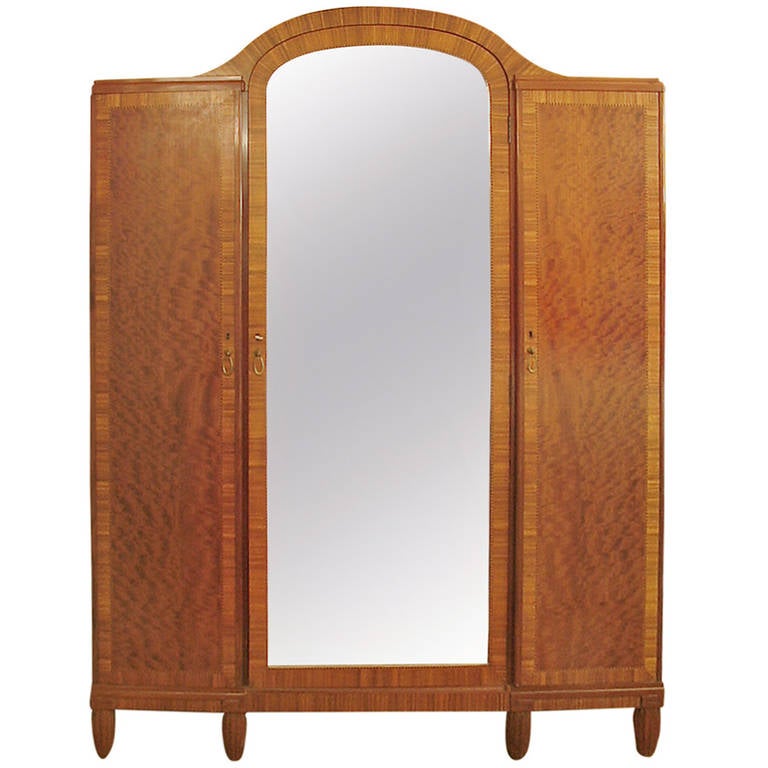 French Art Deco Armoire -- Exotic Hardwood Veneer, Huge Mirror, Endless Storage For Sale