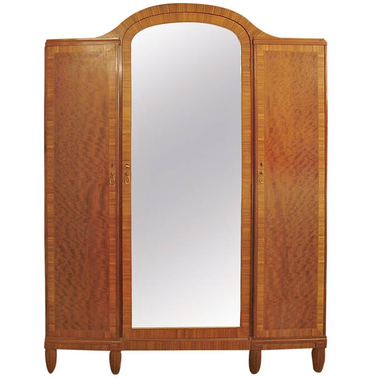 French Art Deco Armoire -- Exotic Hardwood Veneer, Huge Mirror, Endless Storage For Sale