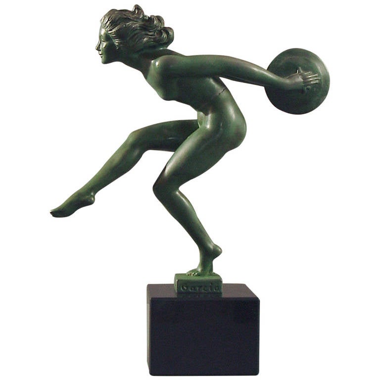 French Art Deco Statue of a Nude Dancer with Cymbals, on Marble Plinth For Sale