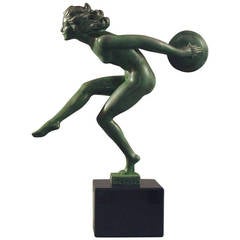 French Art Deco Statue of a Nude Dancer with Cymbals, on Marble Plinth