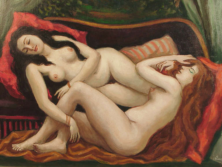 Camille Liausu (1894-1975) -- Benezit listed -- oil-painted this sensuous study of two nude women; it measures 38 1/2 wide by 32 tall; the substantial and exquisite silver-leafed frame adds another 8 inches in both directions. The painting is