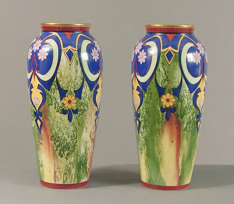 French A Pair of Wildly Colorful Limoges Art Deco Vases Signed B.S. in Star of David