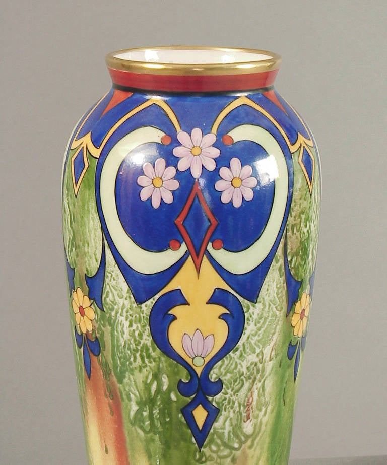A Pair of Wildly Colorful Limoges Art Deco Vases Signed B.S. in Star of David In Excellent Condition In San Francisco, CA