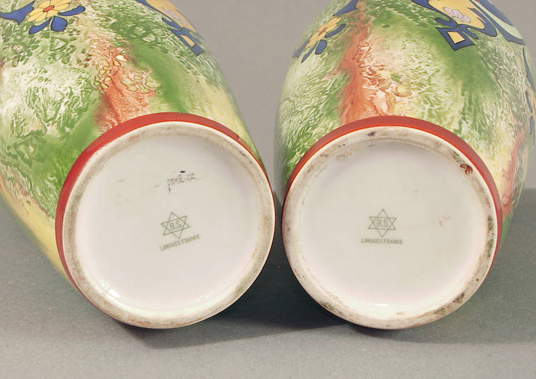 Mid-20th Century A Pair of Wildly Colorful Limoges Art Deco Vases Signed B.S. in Star of David
