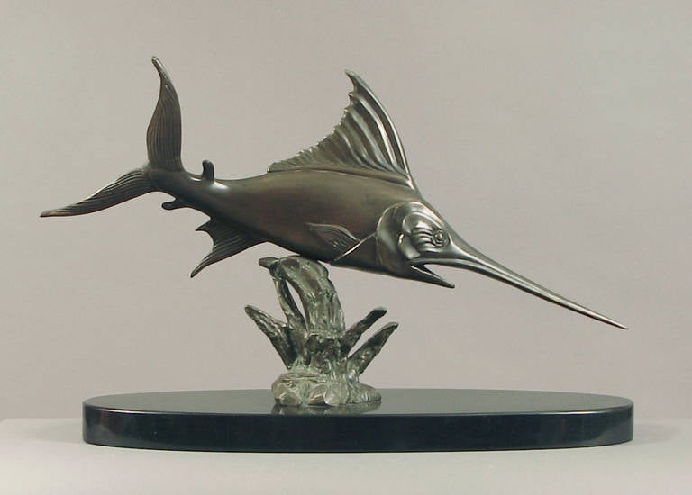Rochard, certainly of the great animalist sculptors of his time (if not the best!), fashioned this animated swordfish or marlin with probably one hand tied behind his back. Do a web search and feast your eyes on some of the other amazing output of