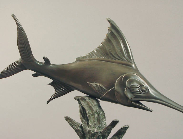 French Irenée Rochard's Leaping Marlin, a Captivating Art Deco Sculpture on Marble For Sale
