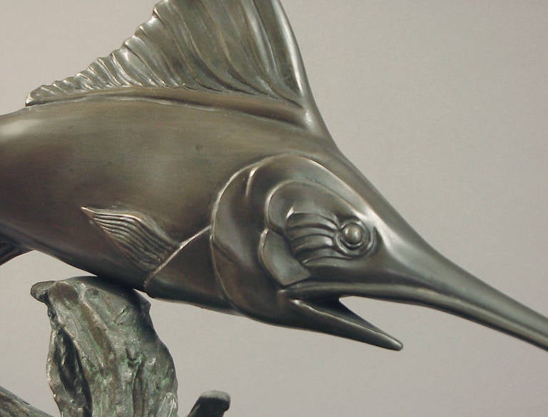 Irenée Rochard's Leaping Marlin, a Captivating Art Deco Sculpture on Marble In Excellent Condition For Sale In San Francisco, CA