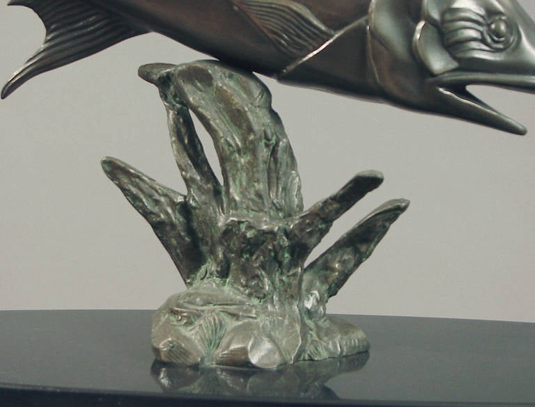 Mid-20th Century Irenée Rochard's Leaping Marlin, a Captivating Art Deco Sculpture on Marble For Sale