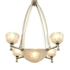 French Art Deco Chandelier by Degue, Bowl and Four Lights