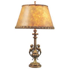 Antique Bronze or Brass French Table Lamp w/ Mica Shade & Mermaids!