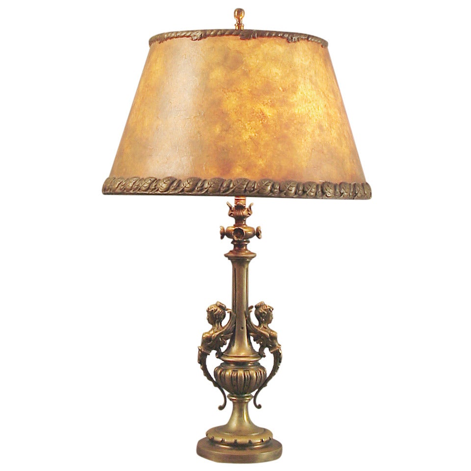 Bronze or Brass French Table Lamp w/ Mica Shade & Mermaids!