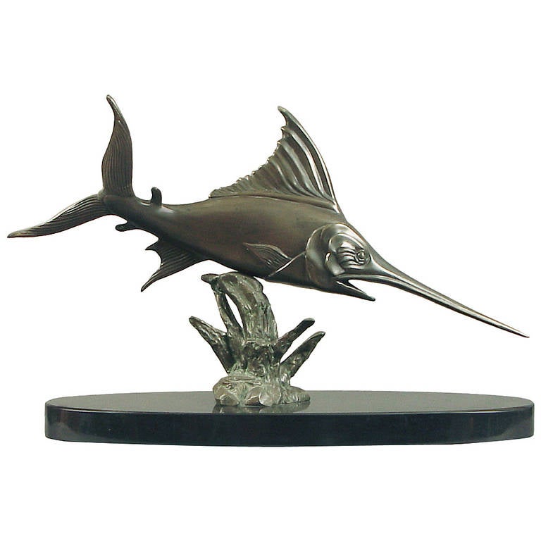 Irenée Rochard's Leaping Marlin, a Captivating Art Deco Sculpture on Marble For Sale