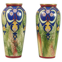 A Pair of Wildly Colorful Limoges Art Deco Vases Signed B.S. in Star of David