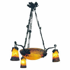 A Deeply Colorful Muller Art Glass Chandelier with Exceptional Wrought Iron