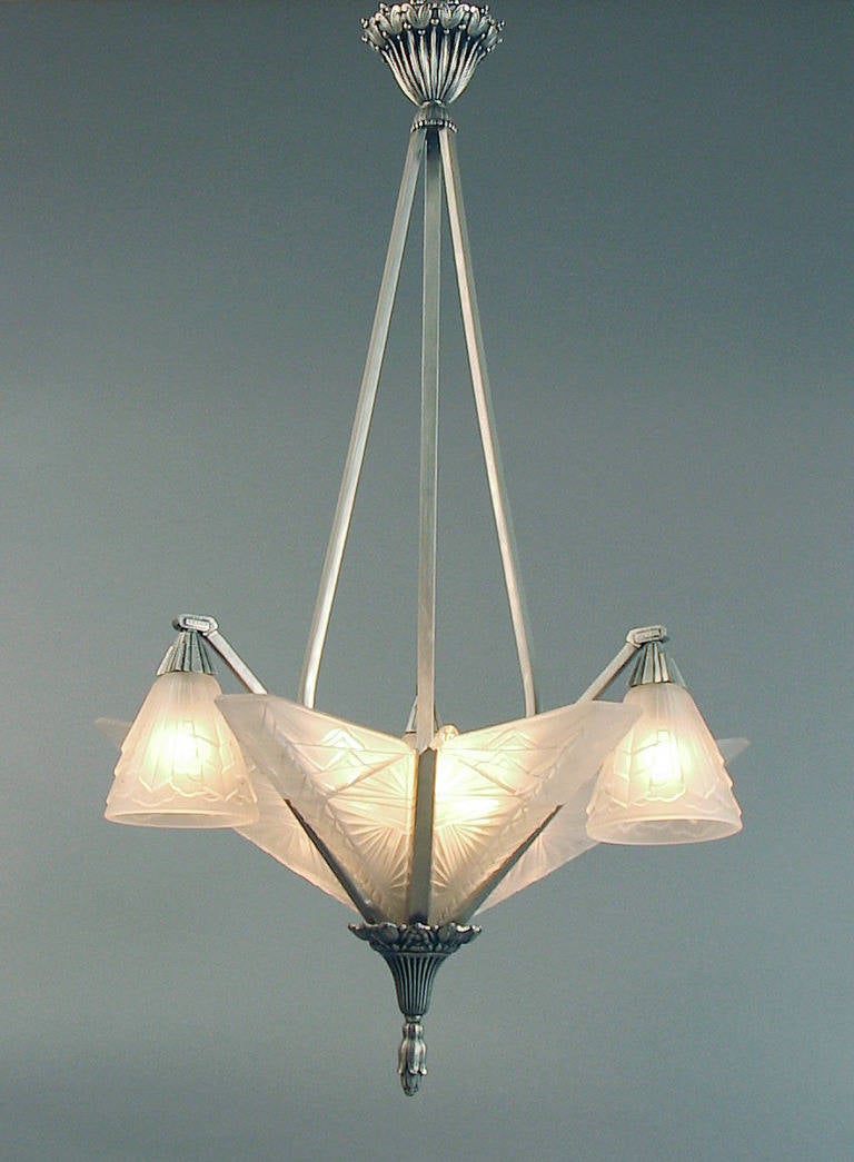 Large French Art Deco Chandelier with Slip Shades, Geometry!