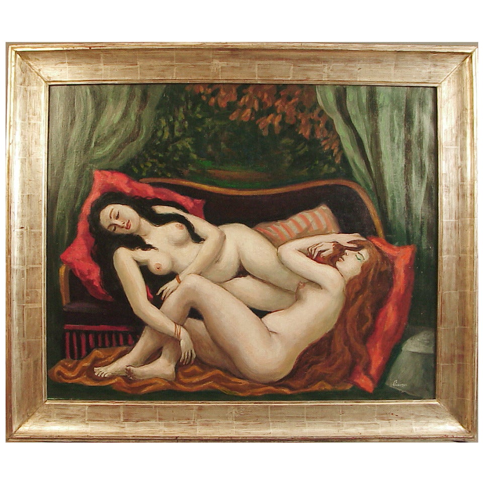 French Art Deco Oil Painting by Camille Liausu: Deux Femmes Nues