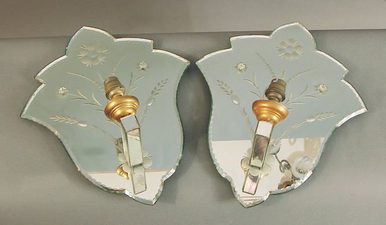 Mirrored and Etched (Wheel-cut) French Art Deco Wall Sconces