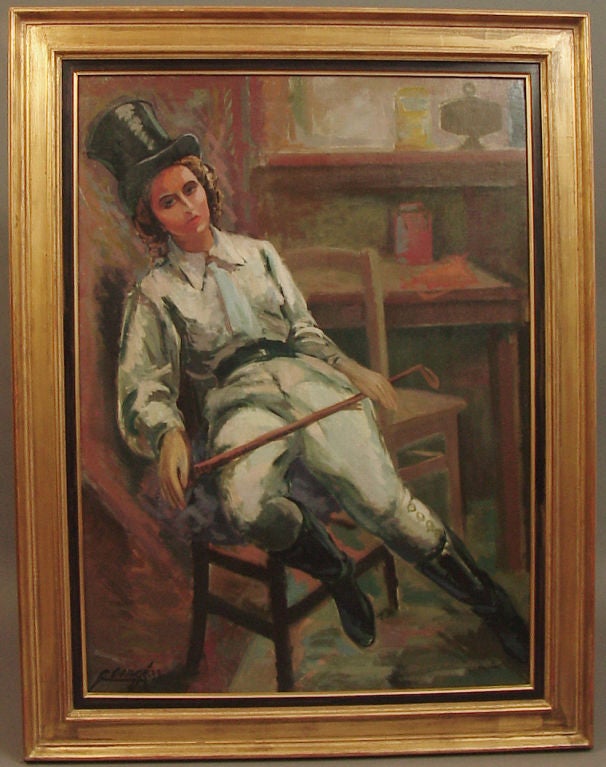 August Clerge (1891-1963, Benezit-listed), painted this work in 1939 (dated with signature).   The subject seems lost in reverie,  having her -- moment -- perhaps recouperating from a challenging but exhilarating jaunt on her horse across the fields