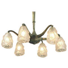 Antique French Art Deco 6-Light Chandelier with Super Degué Shades