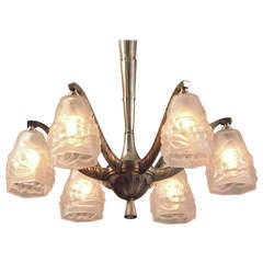 Antique A Spectacular French Art Deco 6-Light Chandelier with Ros OR Degué Shades