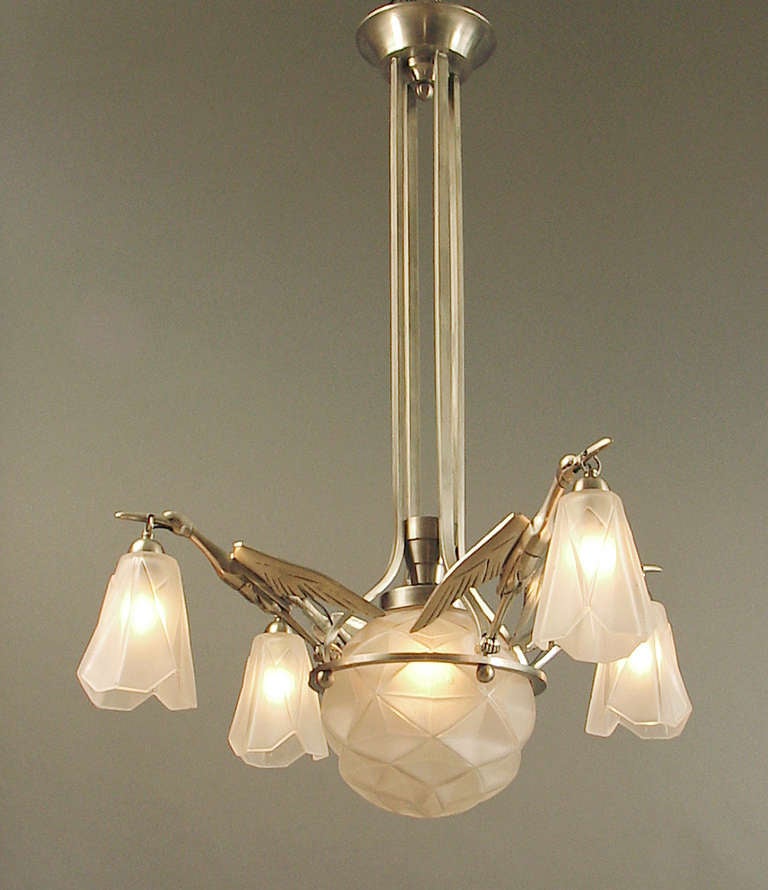 Egrets Take Flight!  French Art Deco Chandelier with Degué Glass In Excellent Condition For Sale In San Francisco, CA