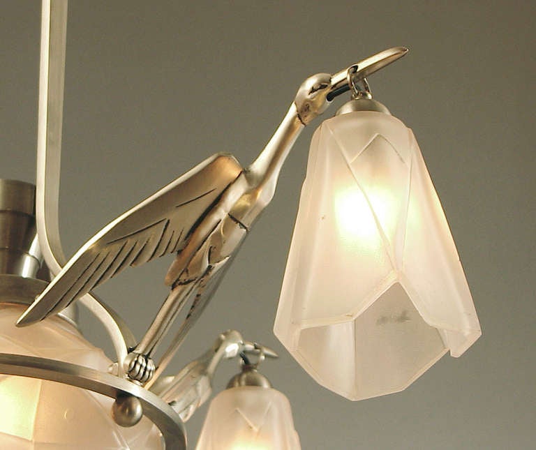 Mid-20th Century Egrets Take Flight!  French Art Deco Chandelier with Degué Glass For Sale