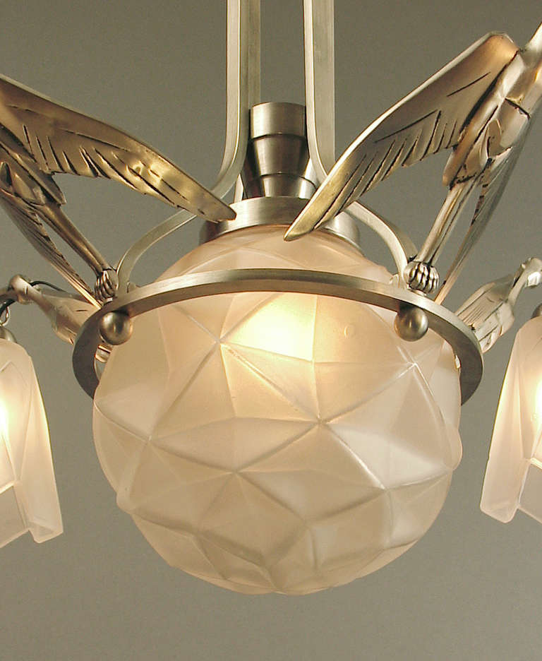 Brass Egrets Take Flight!  French Art Deco Chandelier with Degué Glass For Sale