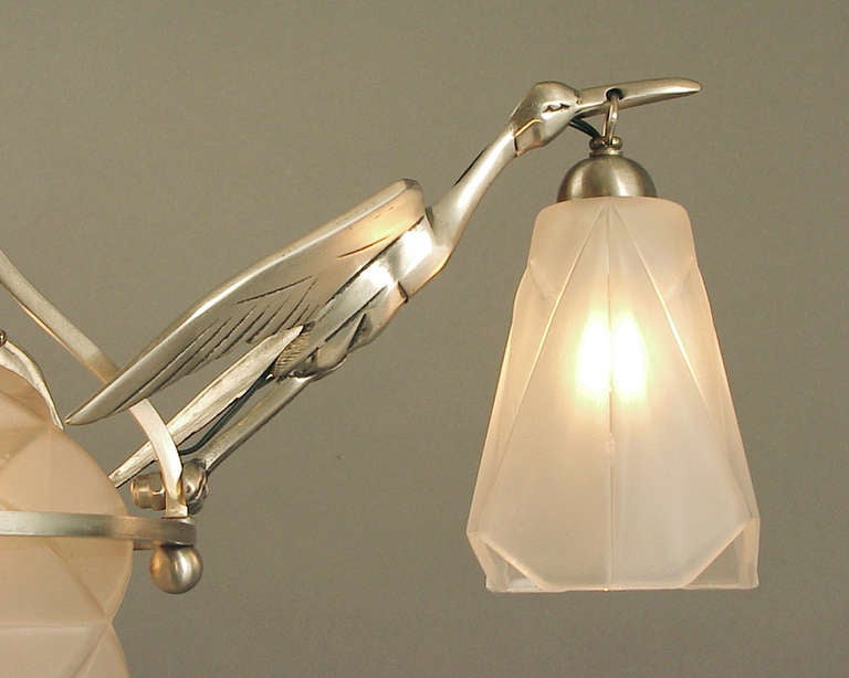 Egrets Take Flight!  French Art Deco Chandelier with Degué Glass For Sale 1