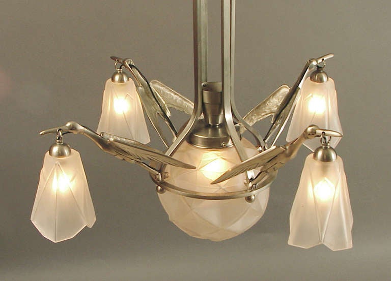 Egrets Take Flight!  French Art Deco Chandelier with Degué Glass For Sale 3