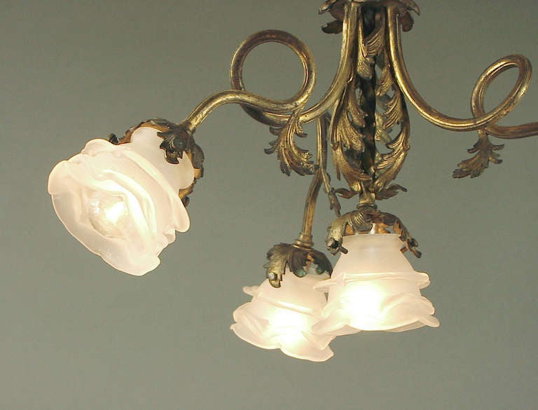 Gilded French Rococo 4-Light Ceiling Fixture, Art Nouveau Influence In Excellent Condition In San Francisco, CA