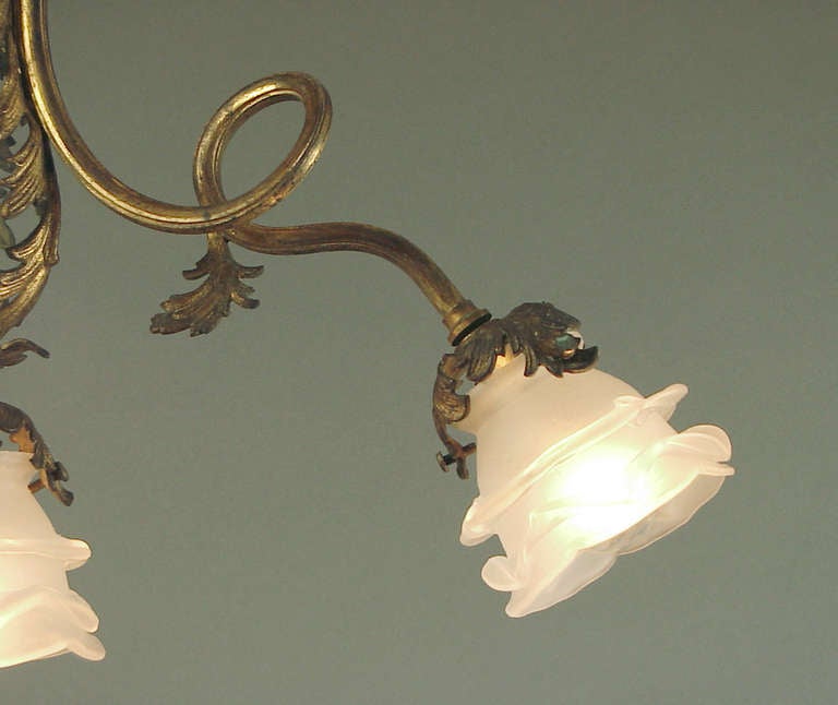 Brass Gilded French Rococo 4-Light Ceiling Fixture, Art Nouveau Influence