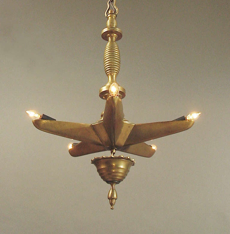 Hanging 5-Pointed Brass Lamp, Judaica, Art Deco Era In Excellent Condition For Sale In San Francisco, CA