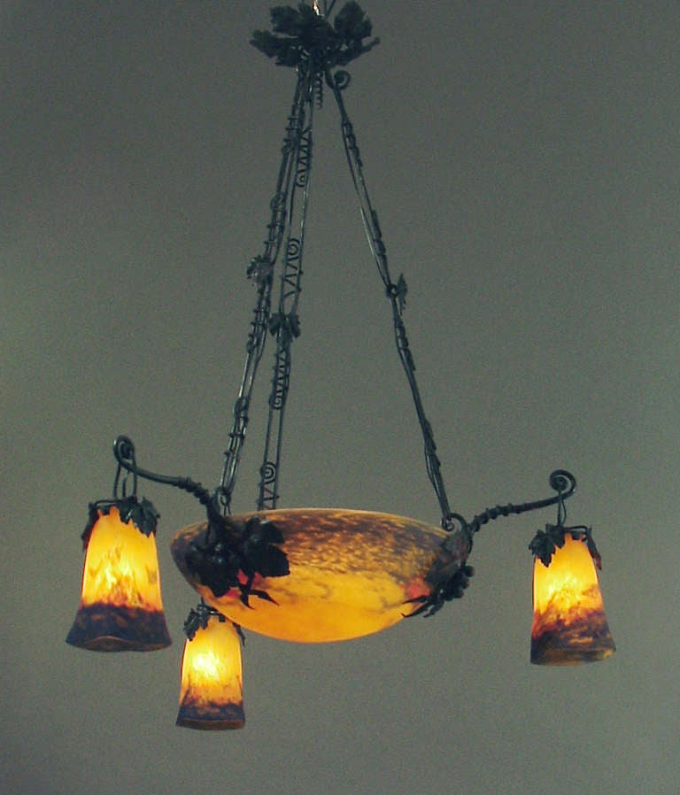 A Deeply Colorful Muller Art Glass Chandelier with Exceptional Wrought Iron