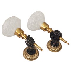 French Art Deco Bronze or Brass Blackamoor Sconces, Schneider Shades French Art Deco Bronze or Brass Blackamoor Sconces, Schneider Shades