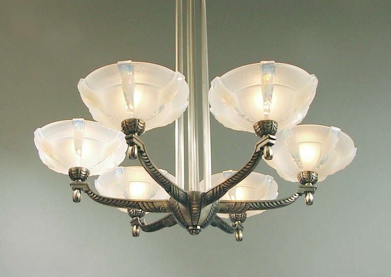 Spectacular Opalescent Glass-Shaded French Art Deco Chandelier