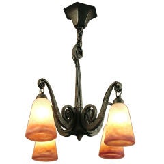 French Art Deco Wrought Iron Chandelier with Muller Shades
