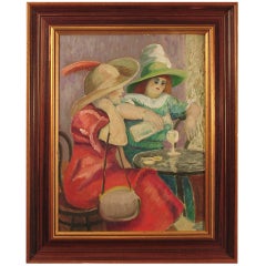 French Art Deco Oil Painting -- "Deux Femmes au Cafe" -- by Legrand