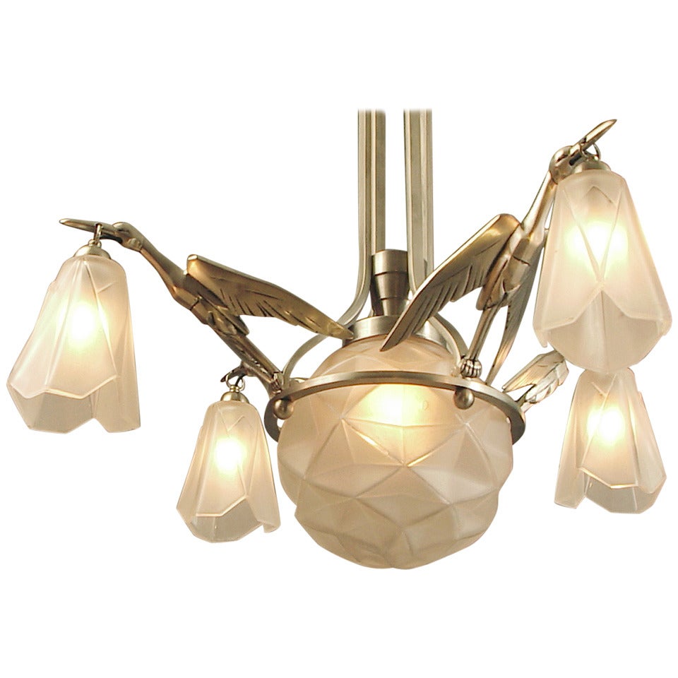 Egrets Take Flight!  French Art Deco Chandelier with Degué Glass For Sale