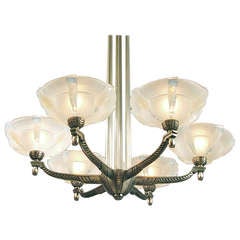Spectacular Opalescent Glass-Shaded French Art Deco Chandelier