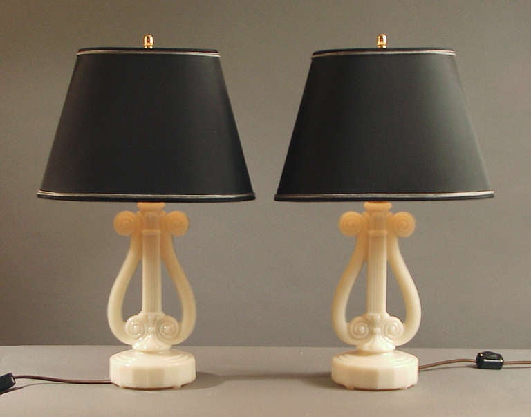 Pair of Opalescent Glass Art Deco Table Lamps with Custom Shades