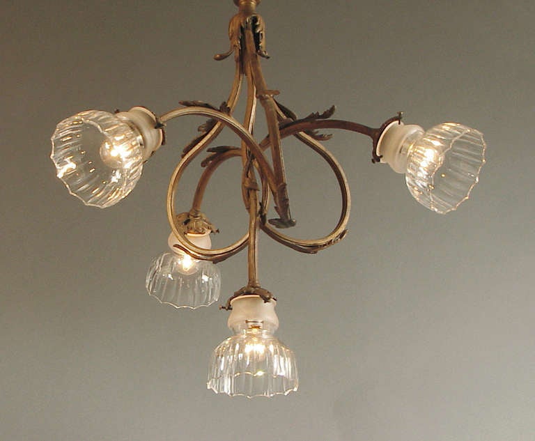 French Art Nouveau Chandelier with Baccarat-type Crystal Shades In Good Condition In San Francisco, CA