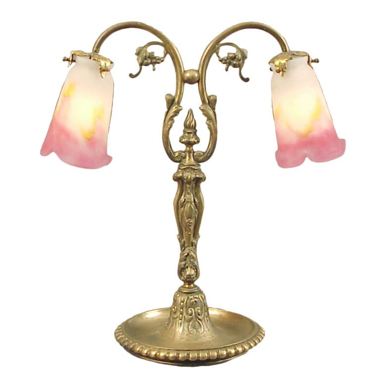 French Art Deco/Nouveau Brass Table/Desk lamp with Muller Shades For Sale