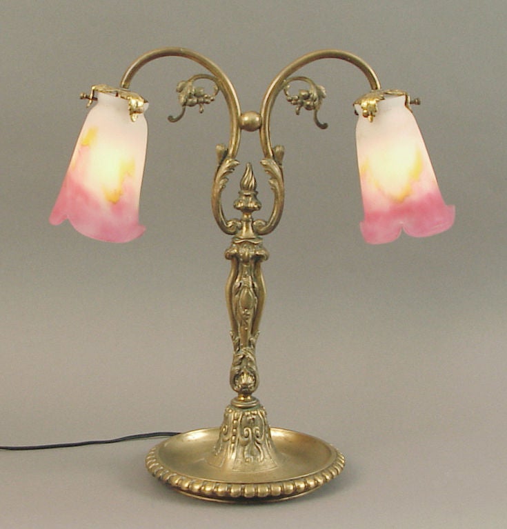 French Art Deco/Nouveau Brass Table/Desk lamp with Muller Shades For Sale 3