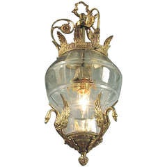 French Swans & Crown Art Nouveau-Deco Era Lantern Chandelier