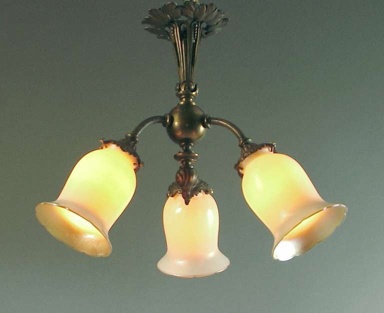 20th Century French Art Nouveau Flush Mount Fixture with American Art Glass For Sale